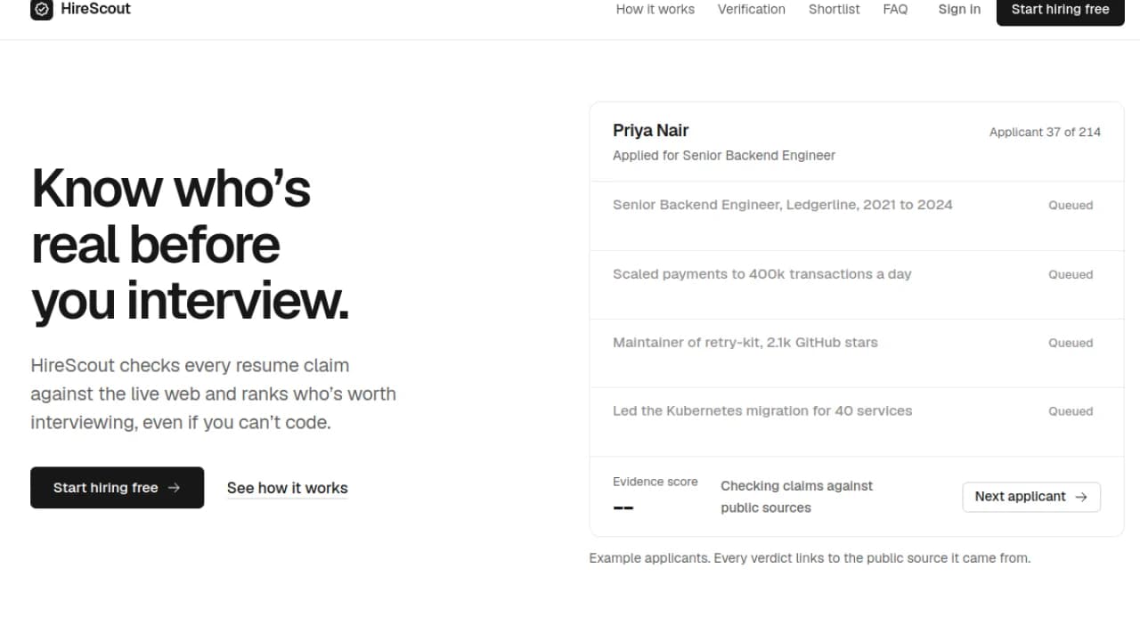 Screenshot of the HireScout website showing resume claim verification
