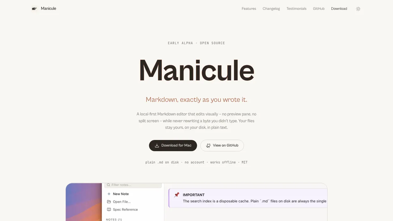 Screenshot of the Manicule website